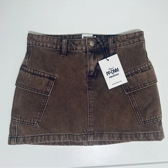 Princess Polly Zakai Cargo Denim Mini Skirt, Brown, Women’s Size 2, NWT - Picture 7 of 16